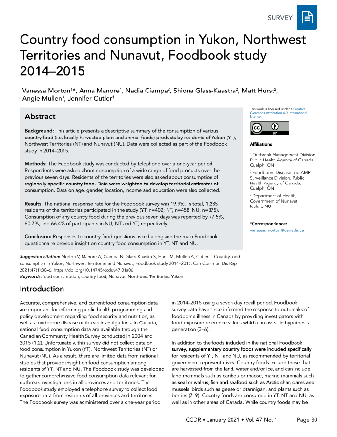 Country food consumption in Northern Canada, Foodbook study 2014–2015, CCDR  47(1) 