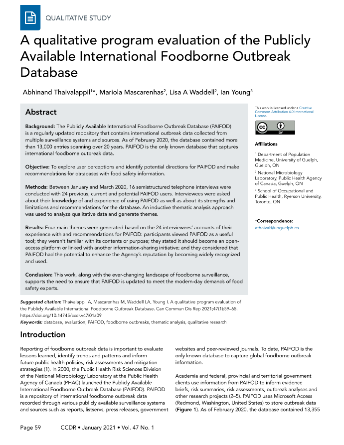 Evaluation: Publicly Available International Foodborne Outbreak Database,  CCDR 47(1) 