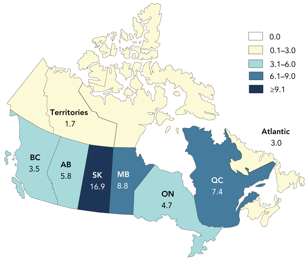 Figure 2: HIV diagnosis rate (per 100,000 population), by province and territory, Canada, 2019