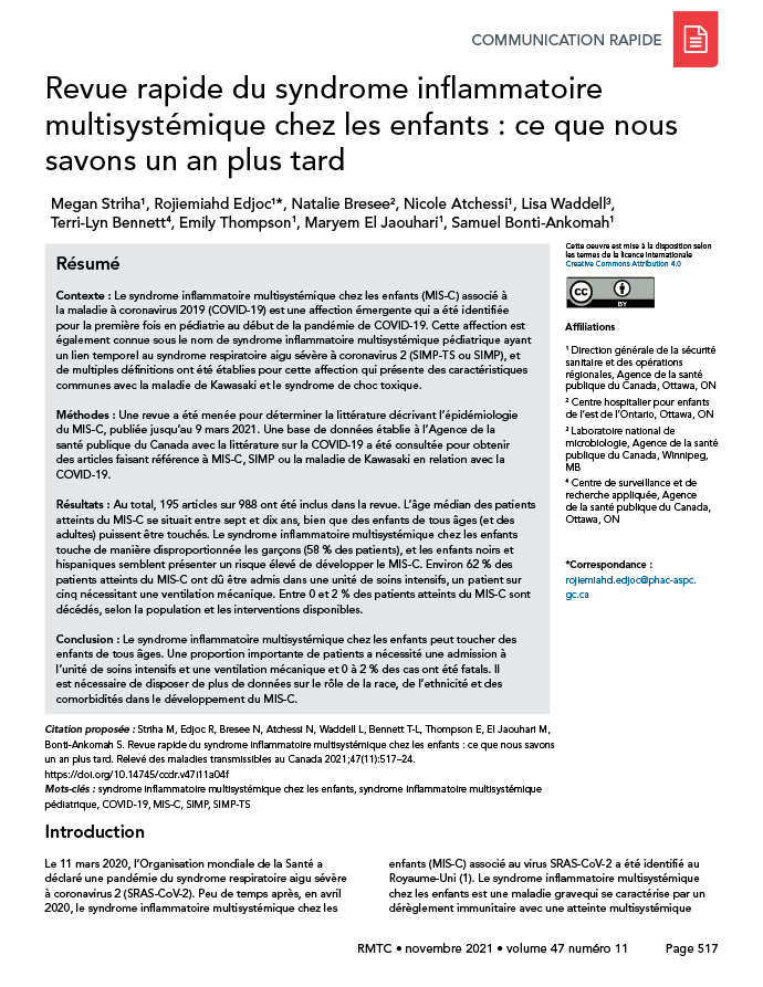 Volume 47-11, novembre 2021 : Syndrome inflammatoire multisystémique chez lesenfants