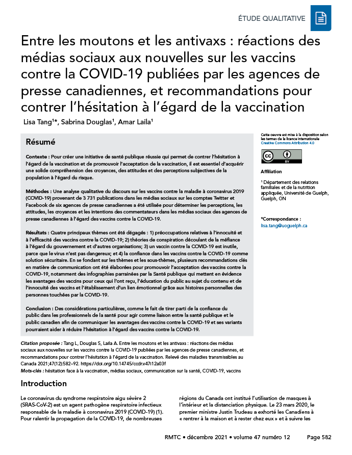 Volume 47-12, décembre 2021 : Réactions à la COVID-19 sur les médias sociaux