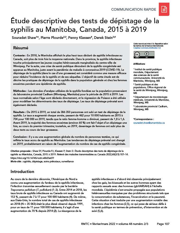 Volume 48-2/3, février/mars 2022 : Résurgence de la syphilis au Canada