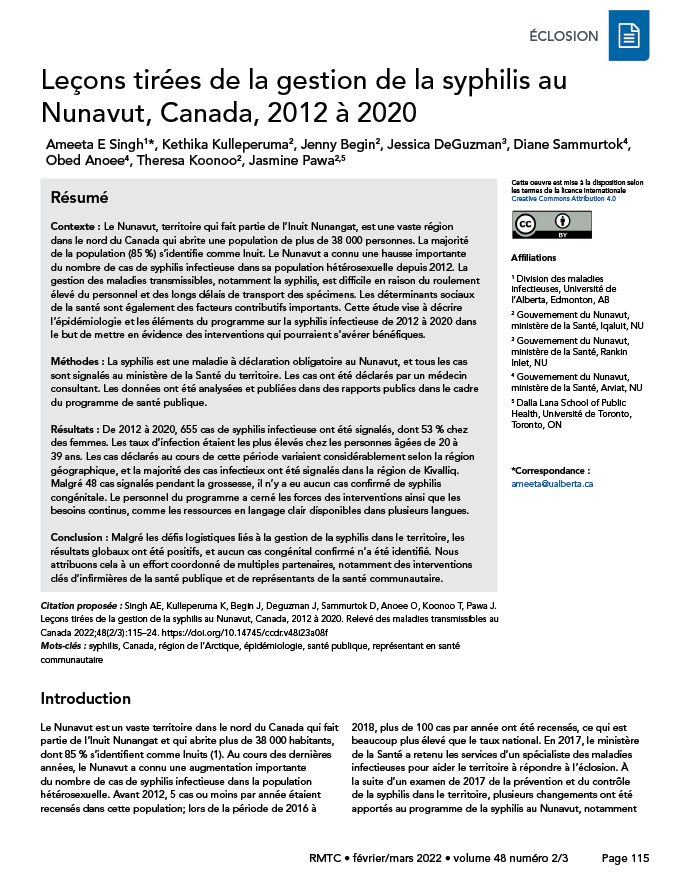 Volume 48-2/3, février/mars 2022 : Résurgence de la syphilis au Canada