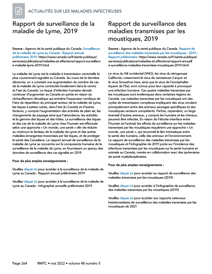 Volume 48-5, mai 2022 : Infections acquises par transmission vectorielle–Partie 1 : tiques & moustiques