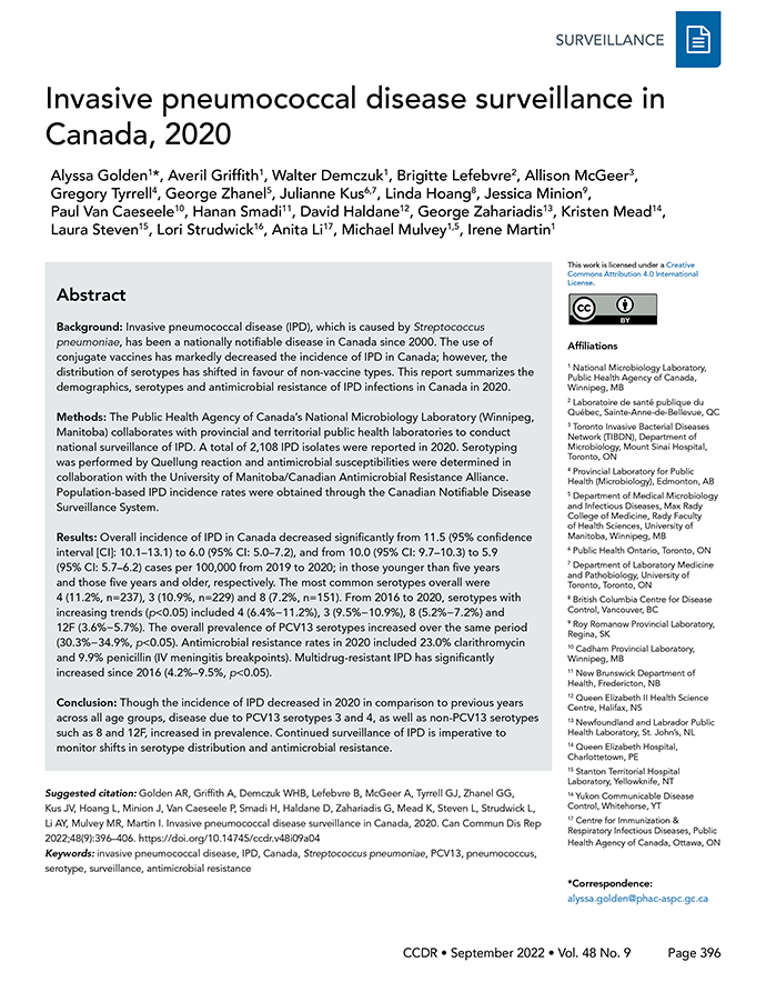 Volume 48-9, September 2022: Invasive Diseases Surveillance in Canada
