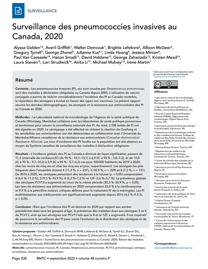 Volume 48-9, septembre 2022 : Surveillance des maladies invasives au Canada