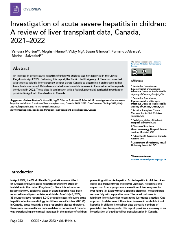 Volume 49-6, June 2023: Acute Hepatitis in Children in Canada