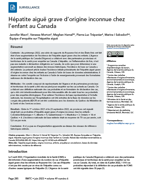 Volume 49-6, juin 2023 : Les hépatites aiguës chez les enfants au Canada