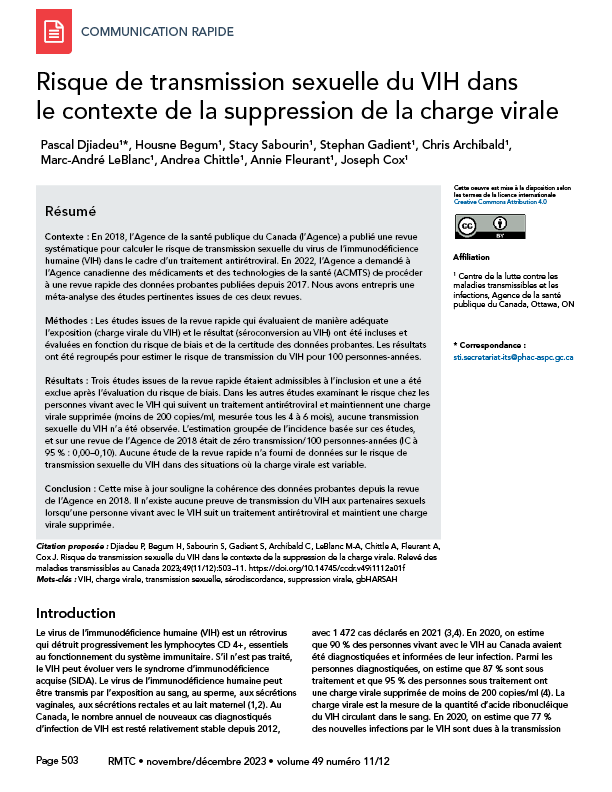 Volume 49-11/12, décembre 2023 : Risque de transmission sexuelle du VIH dans le contexte de la suppression de la charge virale