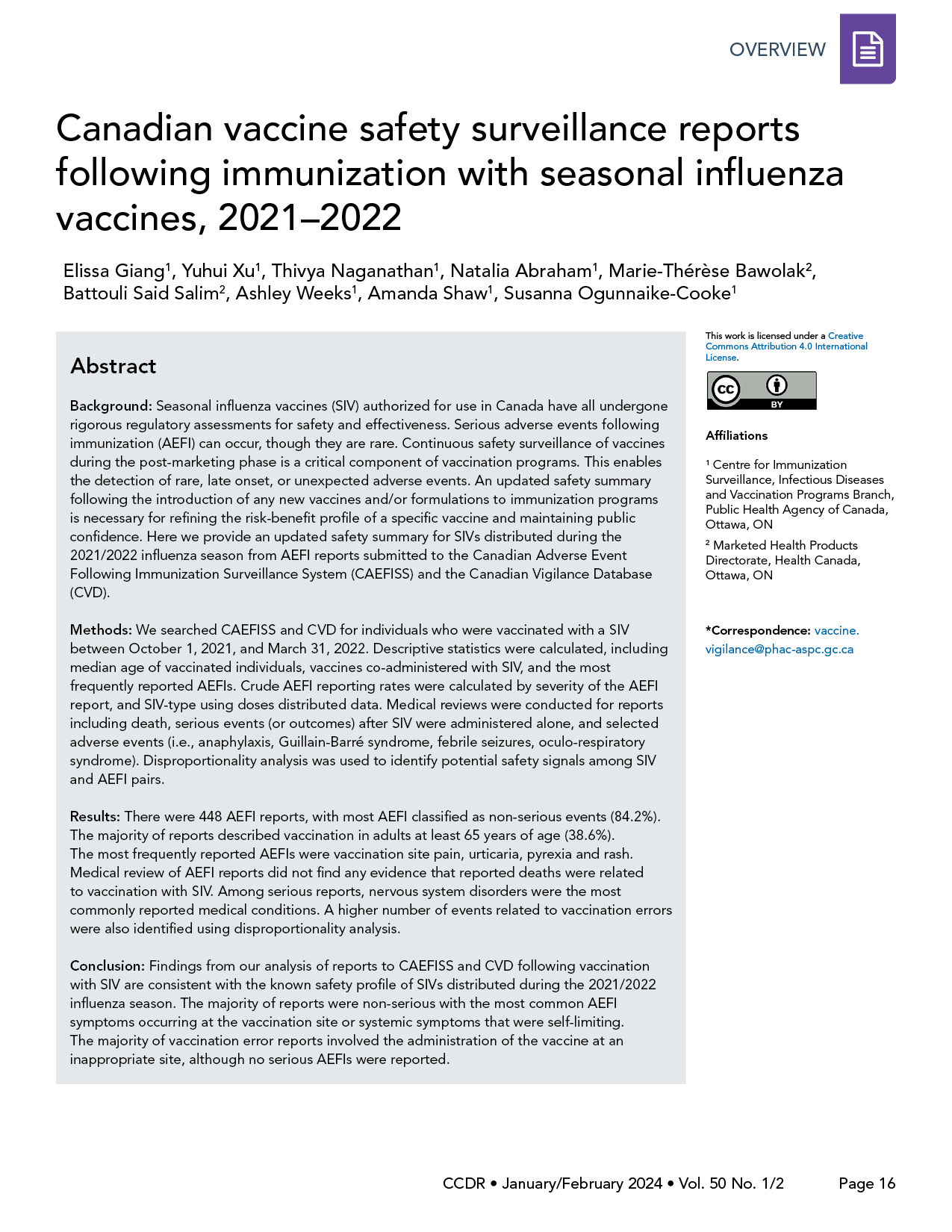 Volume 50-1/2, Canadian vaccine safety surveillance reports following immunization with seasonal influenza vaccines, 2021–2022