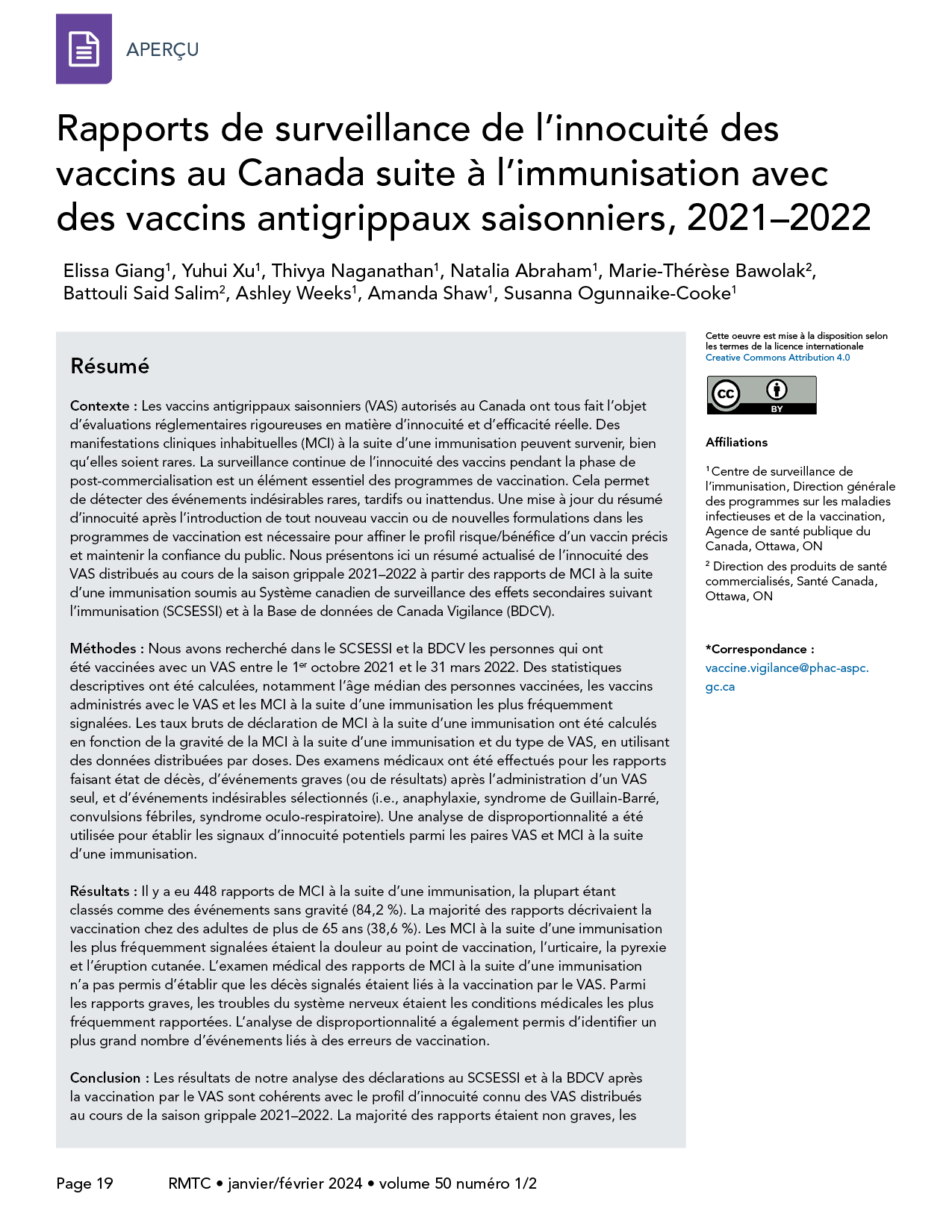 Volume 50-1/2, janvier/février 2024 : Rapports de surveillance de l'innocuité des vaccins au Canada suite à l'immunisation avec des vaccins antigrippaux saisonniers, 2021–2022