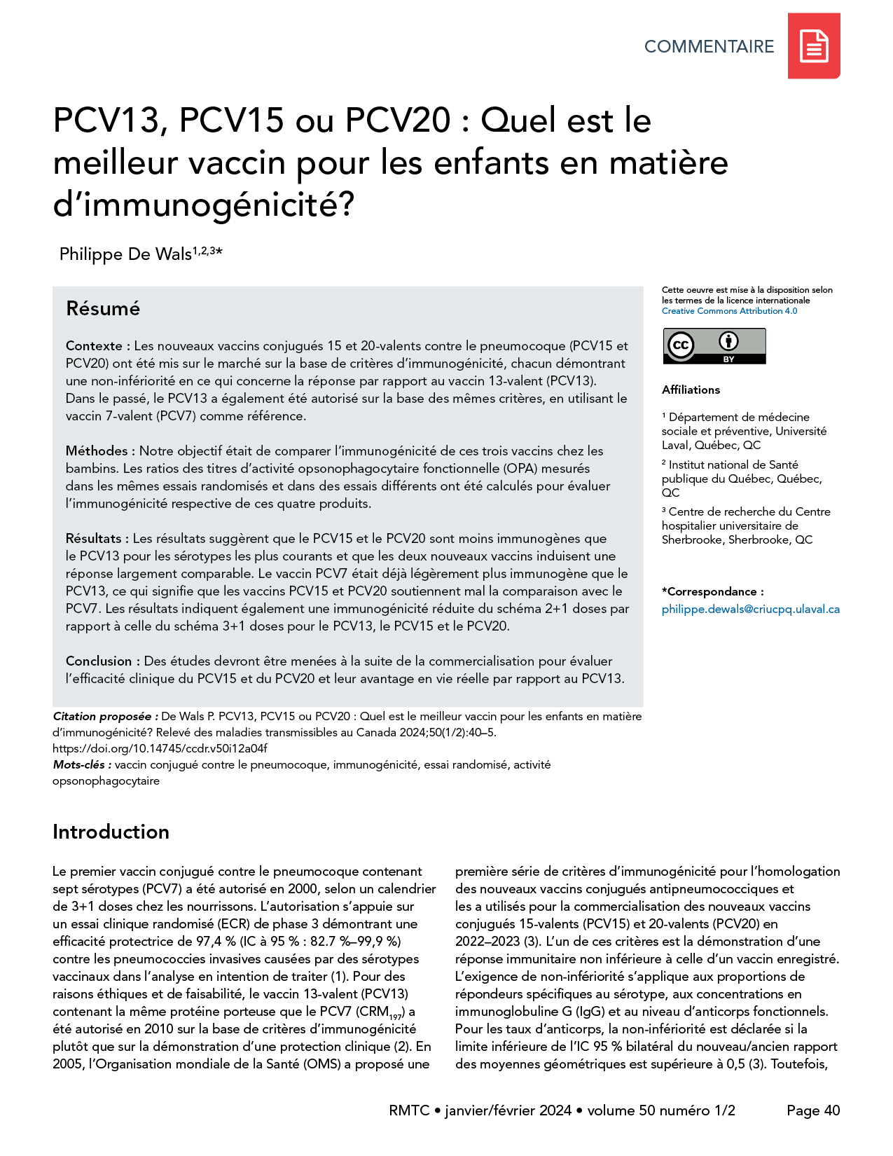 Volume 50-1/2, janvier/février 2024 : PCV13, PCV15 ou PCV20 : Quel est le meilleur vaccin pour les enfants en matière d’immunogénicité?