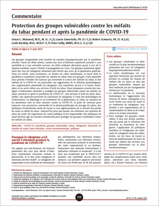 Commentaire – Protection des groupes vulnérables contre les méfaits du tabac pendant et après la pandémie de COVID-19