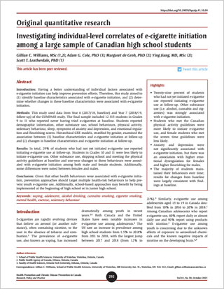 Original quantitative research – Investigating individual-level correlates of e-cigarette initiation among a large sample of Canadian high school students