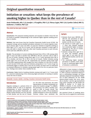 Original quantitative research – Initiation or cessation: what keeps the prevalence of smoking higher in Quebec than in the rest of Canada?