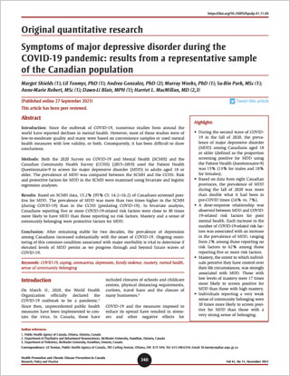 Symptoms of major depressive disorder during the COVID-19 pandemic: results from a representative sample of the Canadian population