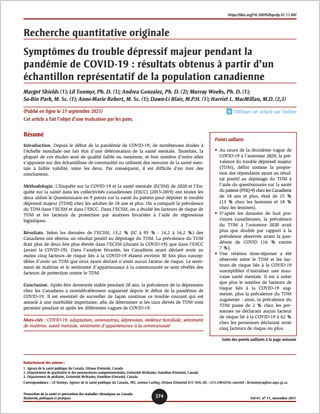 Symptômes du trouble dépressif majeur pendant la pandémie de COVID-19 : résultats obtenus à partir d’un échantillon représentatif de la population canadienne