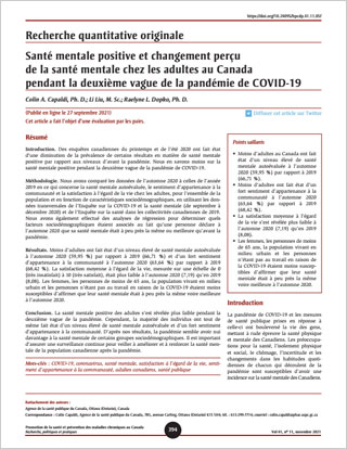 Santé mentale positive et changement perçu de la santé mentale chez les adultes au Canada pendant la deuxième vague de la pandémie de COVID-19