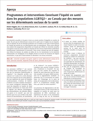 Aperçu – Programmes et interventions favorisant l’équité en santé dans les populations LGBTQ2+ au Canada par des mesures sur les déterminants sociaux de la santé
