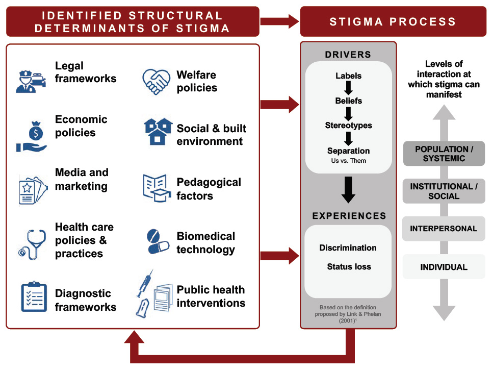 Figure 3. Conceptual framework of identified domains of structural determinants and their relationship with the stigma process