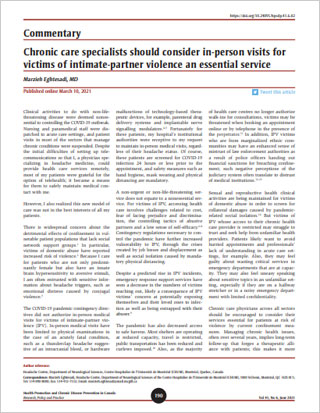 Commentary – Chronic care specialists should consider in-person visits for victims of intimate-partner violence an essential service