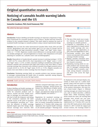 Original quantitative research – Noticing of cannabis health warning labels in Canada and the US