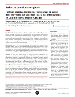 Recherche quantitative originale – Facteurs socioéconomiques et substances en cause dans les visites aux urgences liées à des intoxications en Colombie-Britannique (Canada)