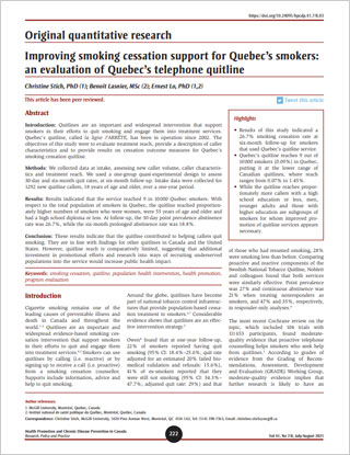 Original quantitative research – Improving smoking cessation support for Quebec’s smokers: an evaluation of Quebec’s telephone quitline
