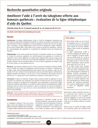 Recherche quantitative originale – Améliorer l’aide à l’arrêt du tabagisme offerte aux fumeurs québécois : évaluation de la ligne téléphonique d’aide du Québec