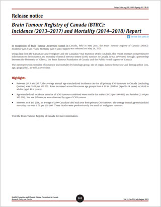 Release notice – Brain Tumour Registry of Canada (BTRC): Incidence (2013–2017) and Mortality (2014–2018) Report