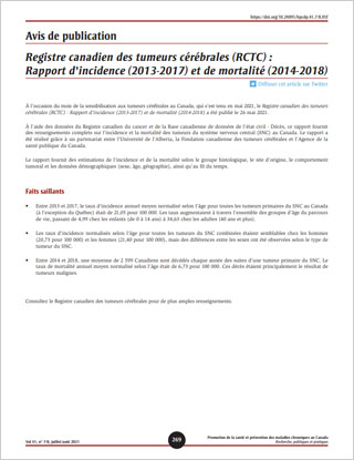 Avis de publication – Registre canadien des tumeurs cérébrales (RCTC) : Rapport d'incidence (2013-2017) et de mortalité (2014-2018)