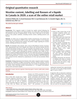 Original quantitative research – Nicotine content, labelling and flavours of e-liquids in Canada in 2020: a scan of the online retail market