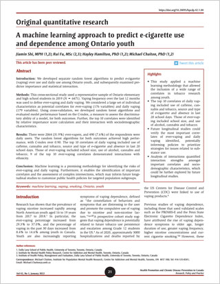 Original quantitative research – A machine learning approach to predict e-cigarette use and dependence among Ontario youth