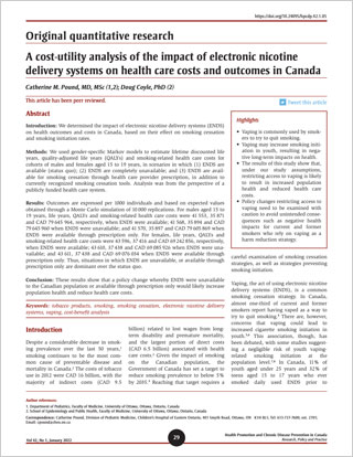 Original quantitative research – A cost-utility analysis of the impact of electronic nicotine delivery systems on health care costs and outcomes in Canada