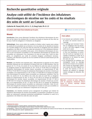 Recherche quantitative originale – Analyse coût-utilité de l’incidence des inhalateurs électroniques de nicotine sur les coûts et les résultats des soins de santé au Canada