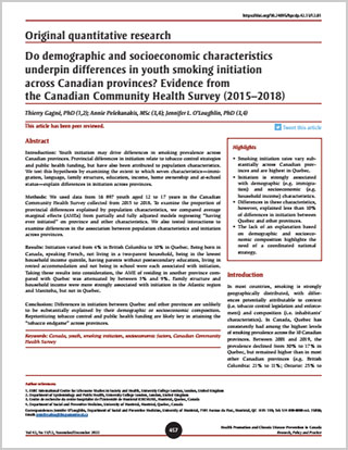 Original quantitative research – Do demographic and socioeconomic characteristics underpin differences in youth smoking initiation across Canadian provinces? Evidence from the Canadian Community Health Survey (2015–2018)