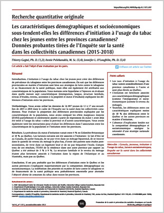 Recherche quantitative originale – Les caractéristiques démographiques et socioéconomiques sous-tendent-elles les différences d’initiation à l’usage du tabac chez les jeunes entre les provinces canadiennes? Données probantes tirées de l’Enquête sur la santé dans les collectivités canadiennes (2015-2018)