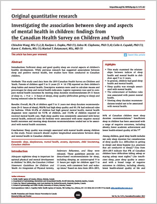 Original quantitative research – Investigating the association between sleep and aspects of mental health in children: findings from the Canadian Health Survey on Children and Youth