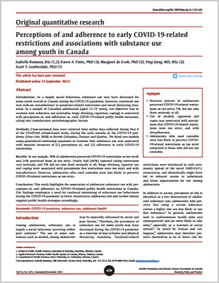 Original quantitative research – Perceptions of and adherence to early COVID-19-related restrictions and associations with substance use among youth in Canada