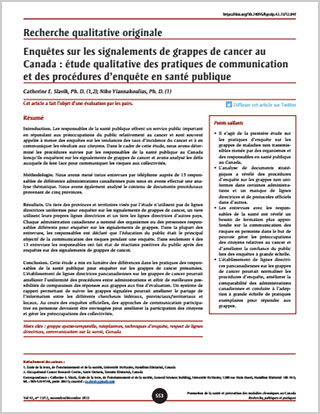 Recherche qualitative originale – Enquêtes sur les signalements de grappes de cancer au Canada : étude qualitative des pratiques de communication et des procédures d’enquête en santé publique