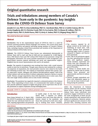 Original quantitative research – Trials and tribulations among members of Canada’s Defence Team early in the pandemic: key insights from the COVID-19 Defence Team Survey