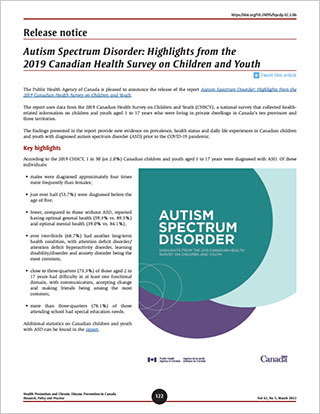 Release notice – Autism Spectrum Disorder: Highlights from the 2019 Canadian Health Survey on Children and Youth