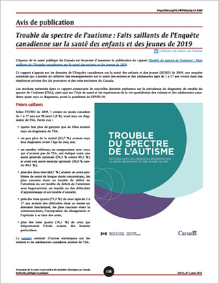 Avis de publication – Trouble du spectre de l'autisme : Faits saillants de l'Enquête canadienne sur la santé des enfants et des jeunes de 2019