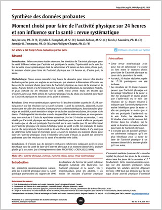 Synthèse des données probantes – Moment choisi pour faire de l’activité physique sur 24 heures et son influence sur la santé : revue systématique