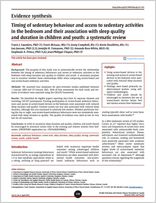 Evidence synthesis – Timing of sedentary behaviour and access to sedentary activities in the bedroom and their association with sleep quality and duration in children and youth: a systematic review