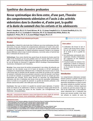 Synthèse des données probantes – Revue systématique des liens entre, d’une part, l’horaire des comportements sédentaires et l’accès à des activités sédentaires dans la chambre et, d’autre part, la qualité et la durée du sommeil chez les enfants et les adolescents