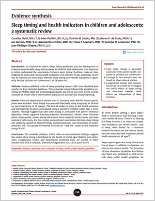 Evidence synthesis – Sleep timing and health indicators in children and adolescents: a systematic review