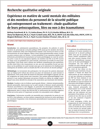 Recherche qualitative originale – Expérience en matière de santé mentale des militaires et des membres du personnel de la sécurité publique qui entreprennent un traitement : étude qualitative de leurs préoccupations, liées ou non à des traumatismes