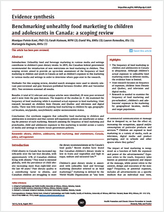 Evidence synthesis – Benchmarking unhealthy food marketing to children and adolescents in Canada: a scoping review