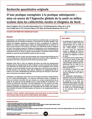 Recherche quantitative originale – D’une pratique exemplaire à la pratique subséquente : mise en œuvre de l’Approche globale de la santé en milieu scolaire dans les collectivités rurales et éloignées du Nord